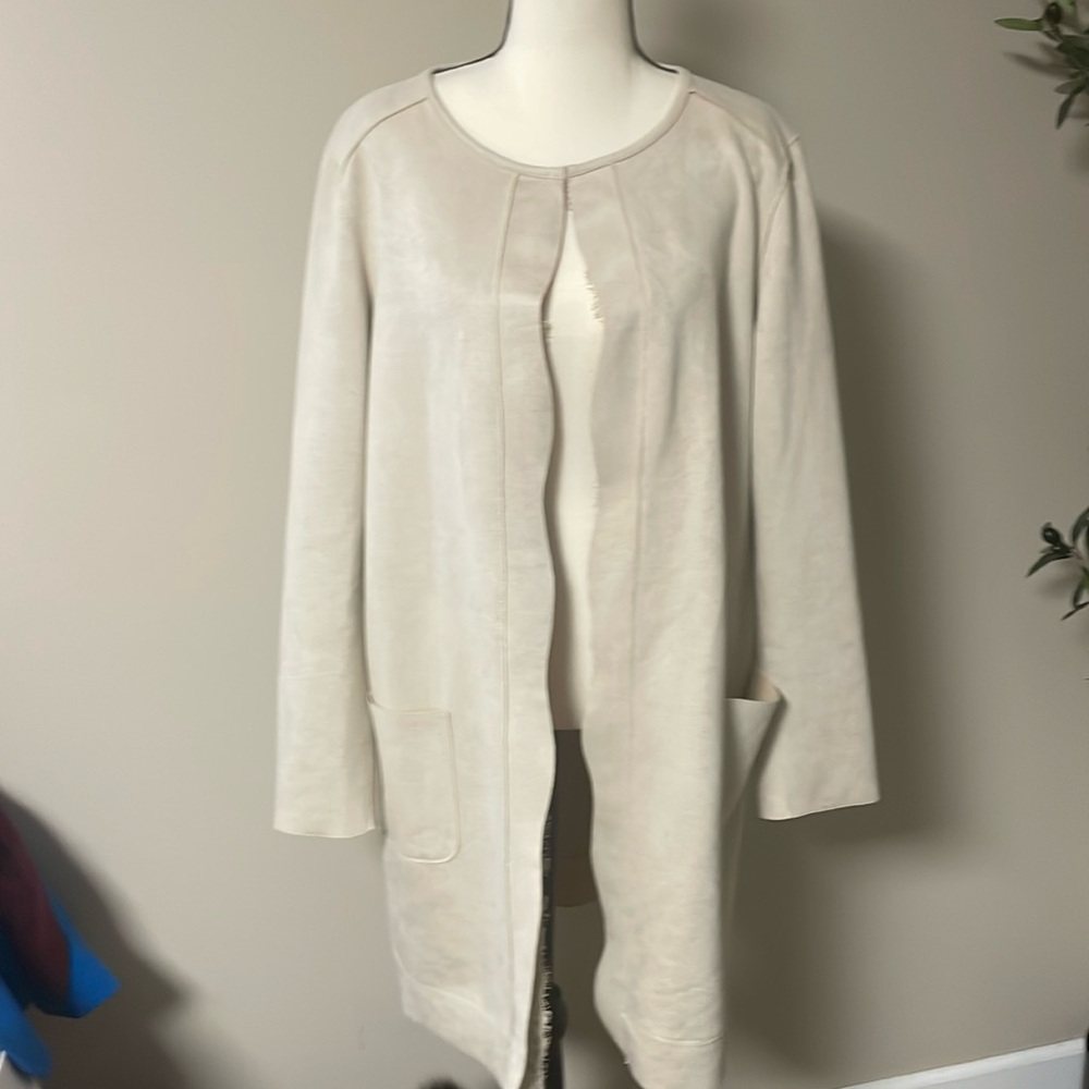 Carmen Marc Valvo | Faux Suede Shearling Duster Coat Beige Tan Large